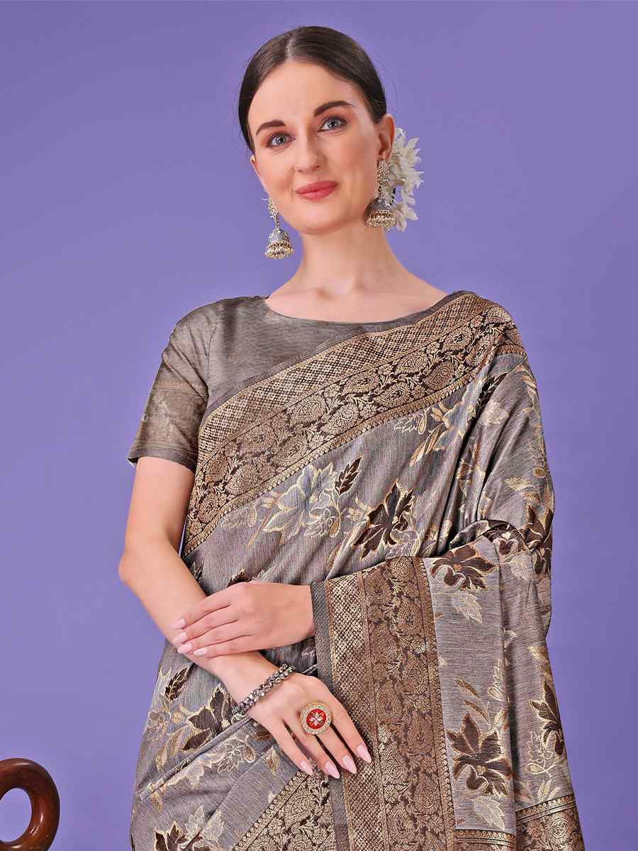Grey Cotton Handwoven Festival Wedding Fancy Heavy Border Saree