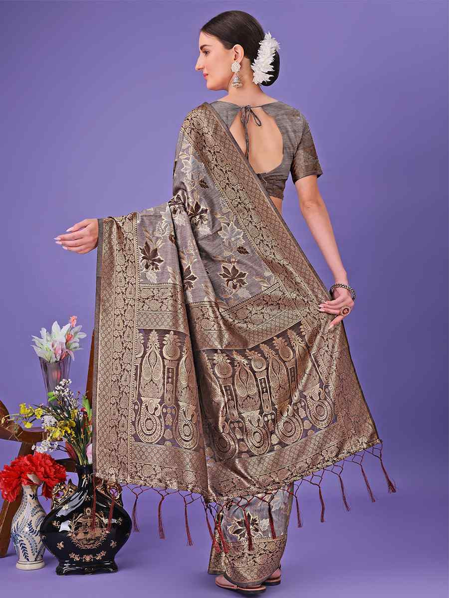 Grey Cotton Handwoven Festival Wedding Fancy Heavy Border Saree