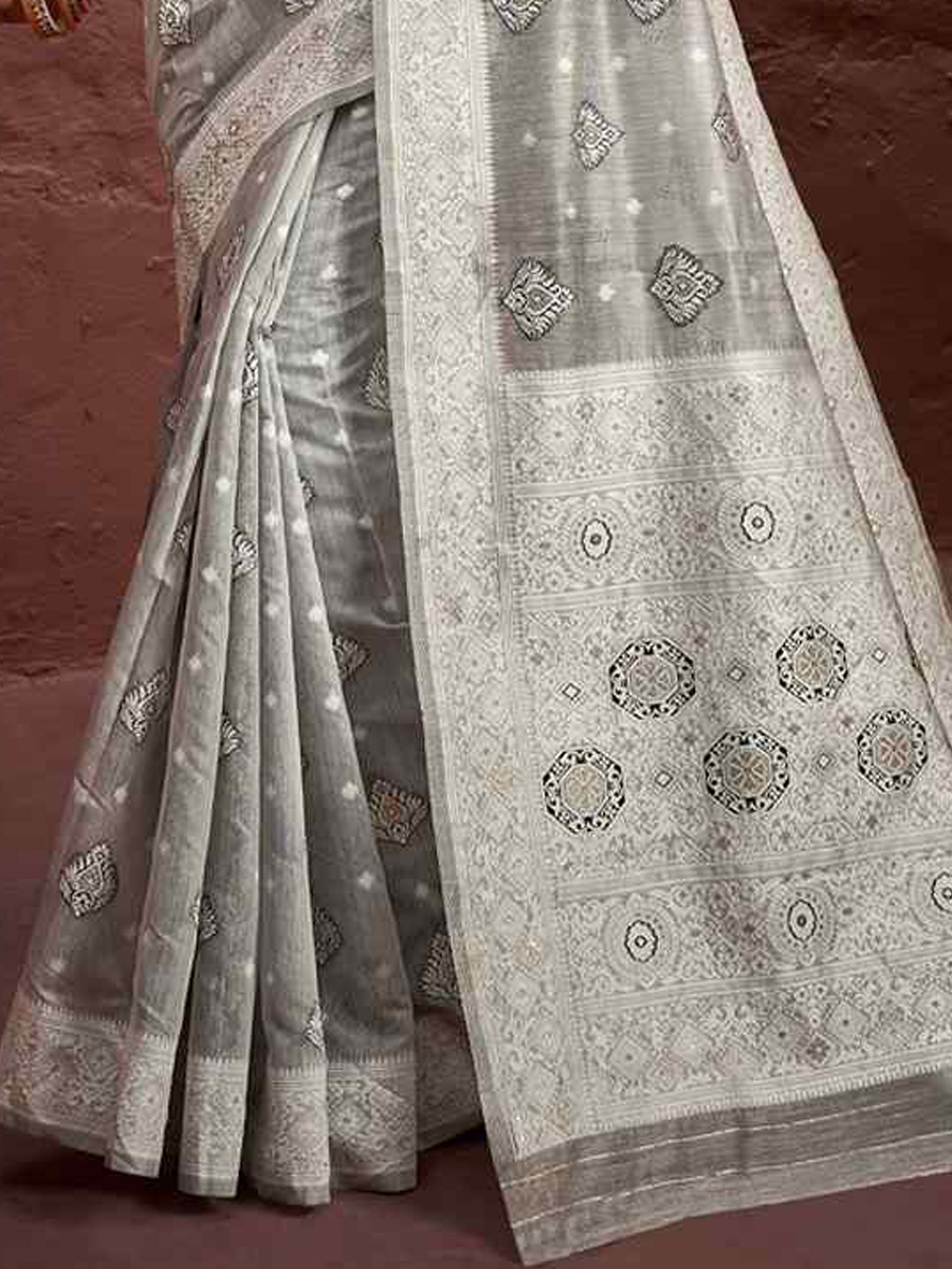 Grey Cotton Handwoven Wedding Festival Heavy Border Saree