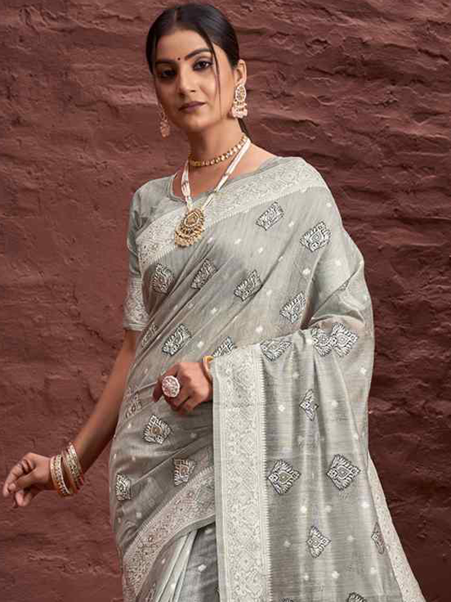 Grey Cotton Handwoven Wedding Festival Heavy Border Saree