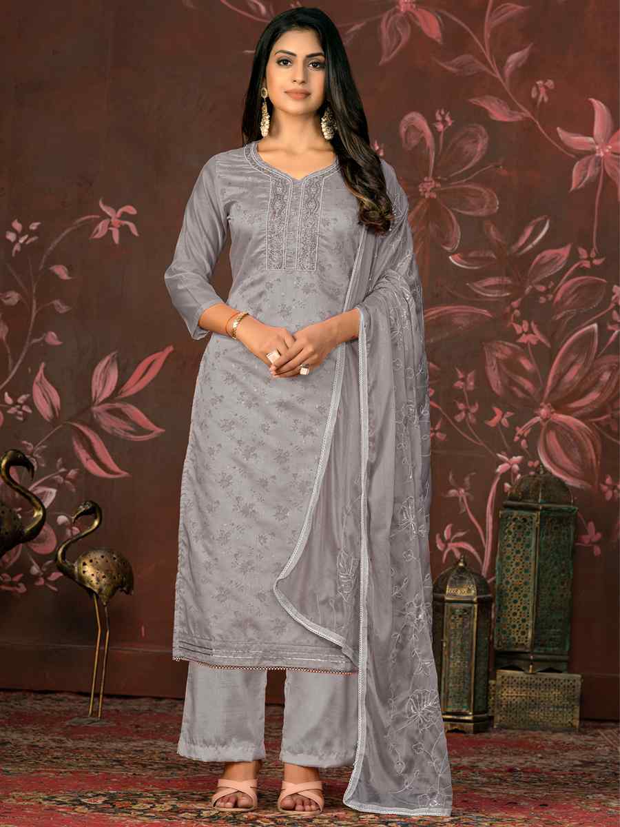 Grey Cotton Jacquard Embroidered Casual Festival Pant Salwar Kameez