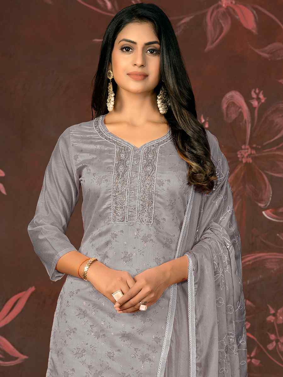Grey Cotton Jacquard Embroidered Casual Festival Pant Salwar Kameez