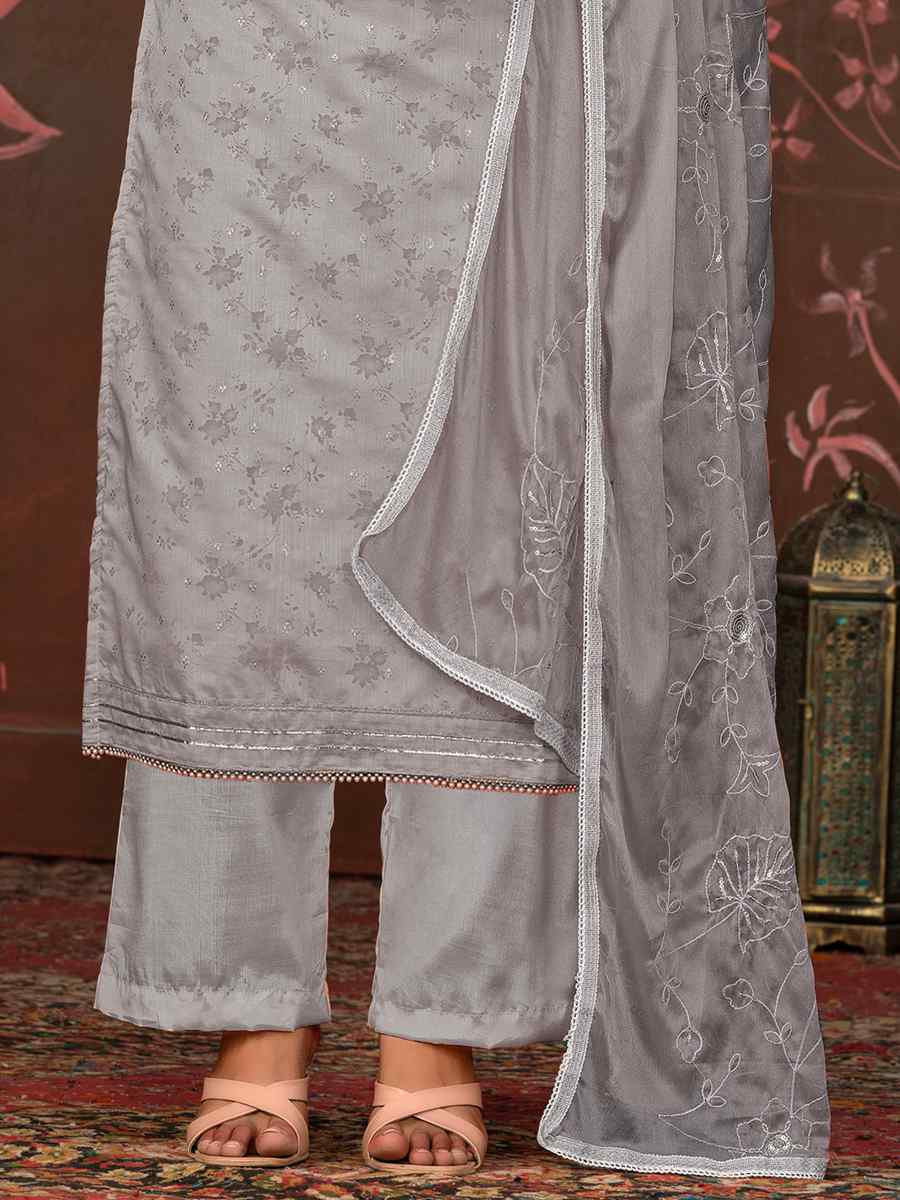 Grey Cotton Jacquard Embroidered Casual Festival Pant Salwar Kameez