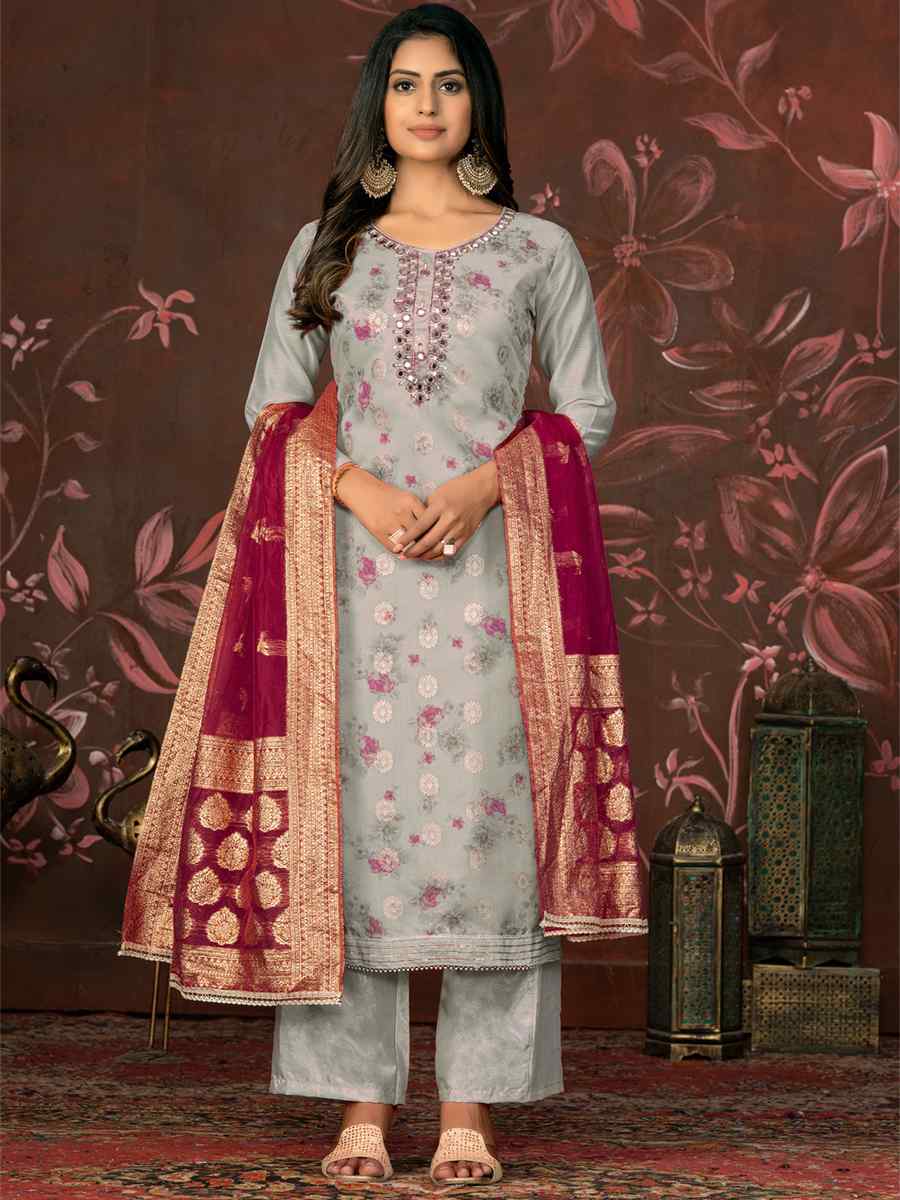 Grey Cotton Jacquard Embroidered Casual Festival Pant Salwar Kameez