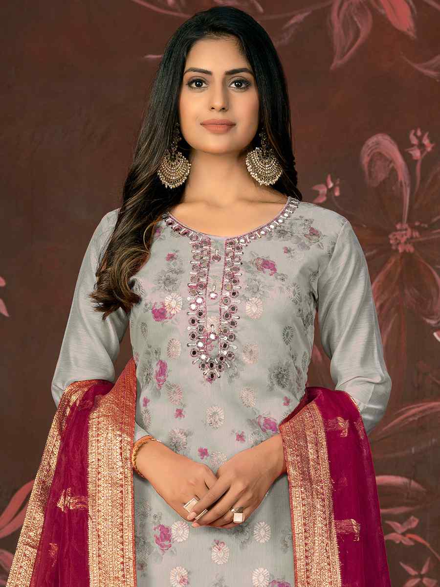 Grey Cotton Jacquard Embroidered Casual Festival Pant Salwar Kameez