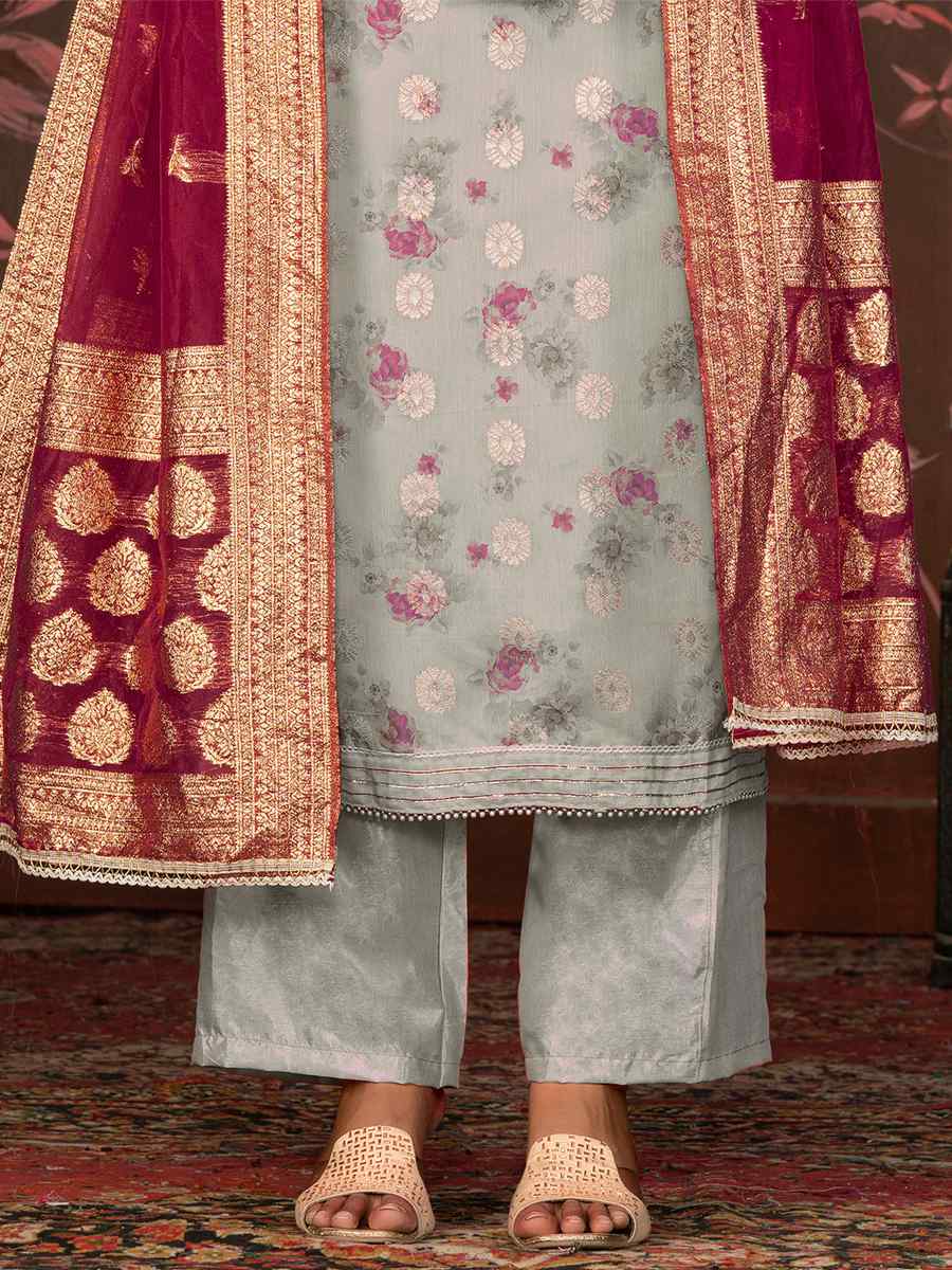 Grey Cotton Jacquard Embroidered Casual Festival Pant Salwar Kameez