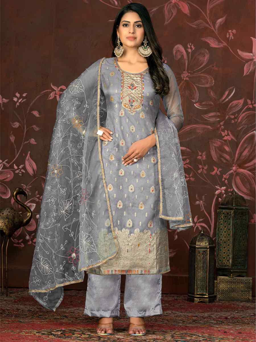 Grey Cotton Jacquard Embroidered Casual Festival Pant Salwar Kameez