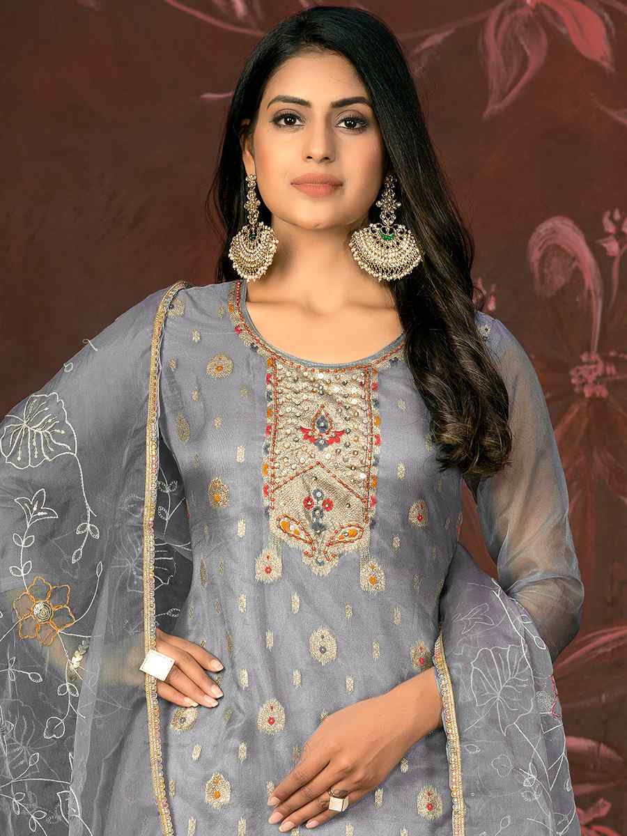 Grey Cotton Jacquard Embroidered Casual Festival Pant Salwar Kameez