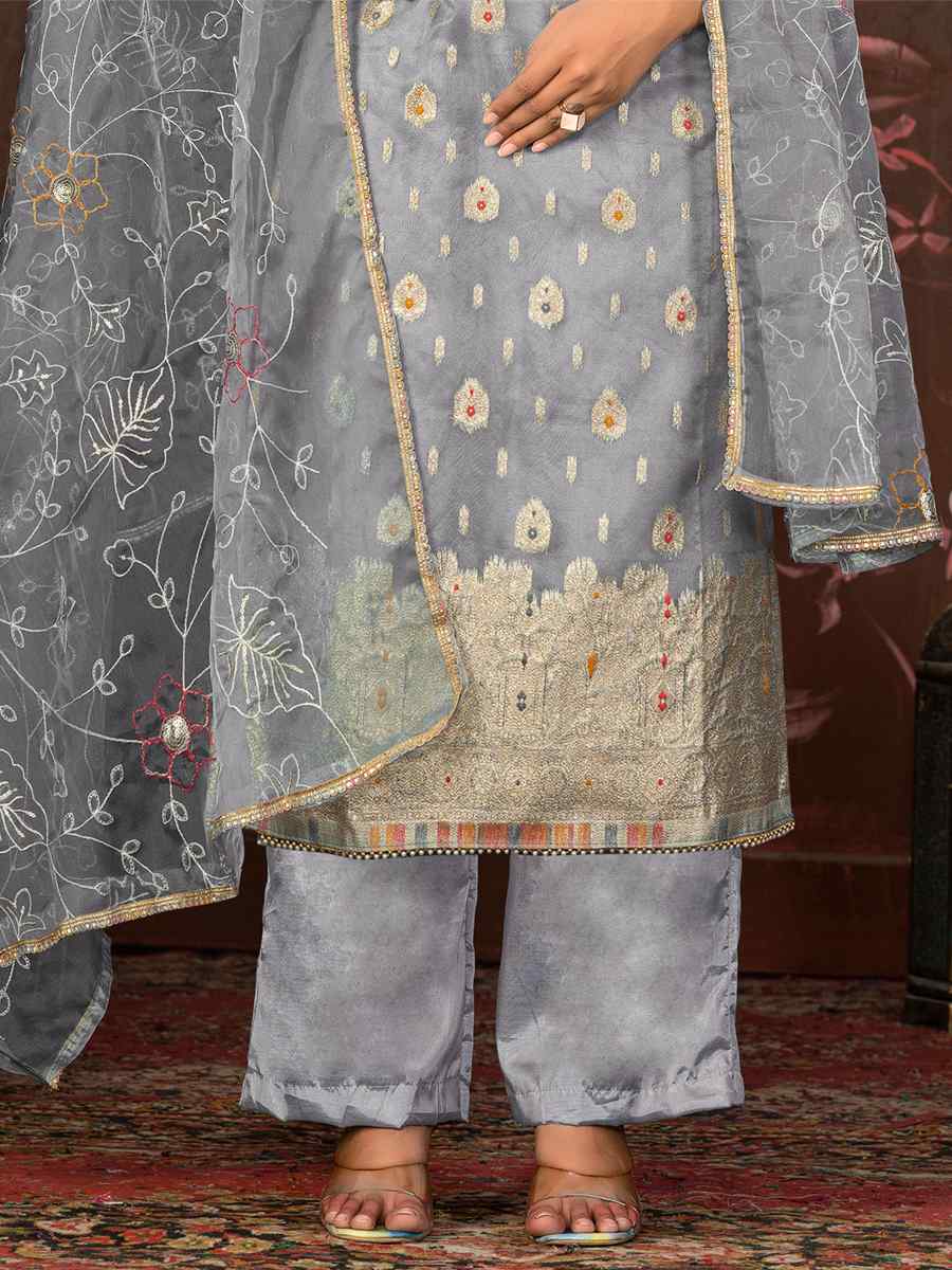 Grey Cotton Jacquard Embroidered Casual Festival Pant Salwar Kameez