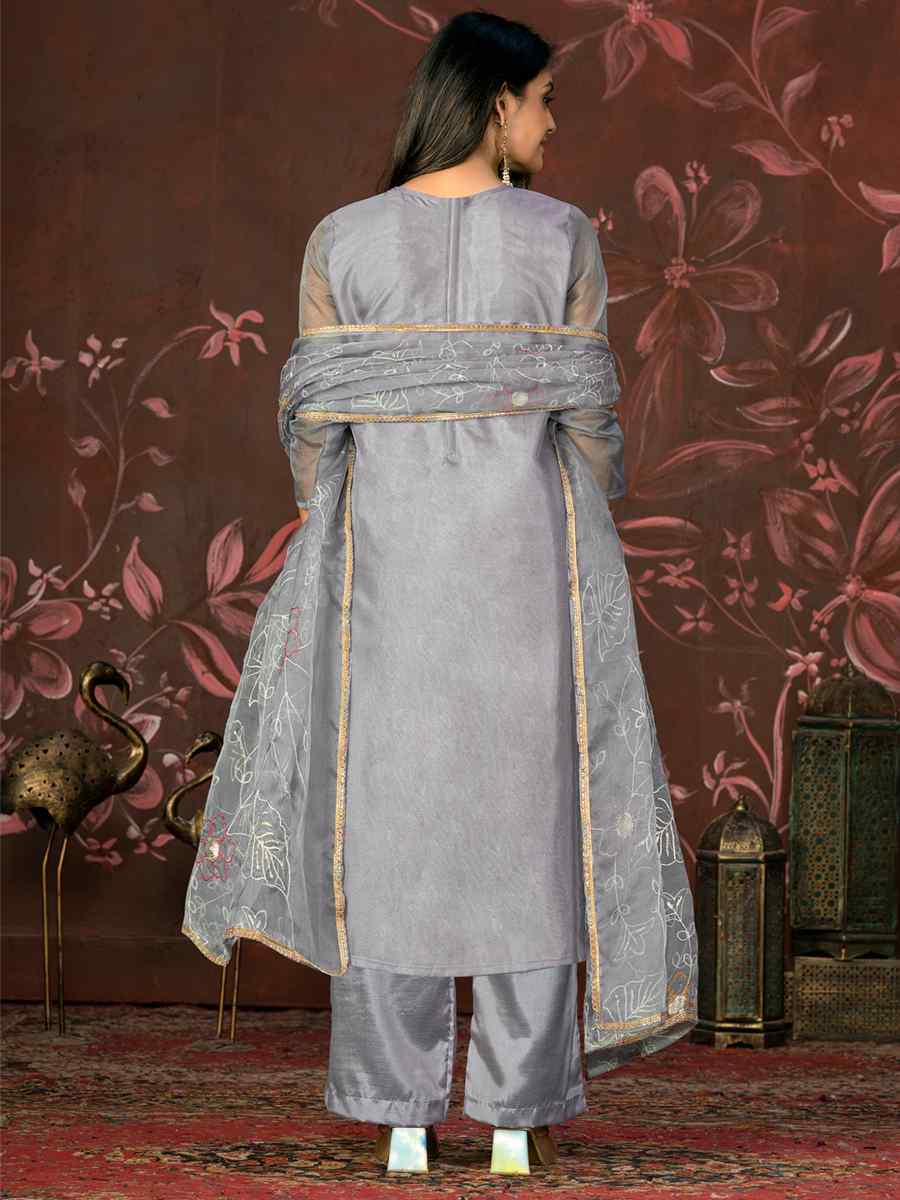 Grey Cotton Jacquard Embroidered Casual Festival Pant Salwar Kameez