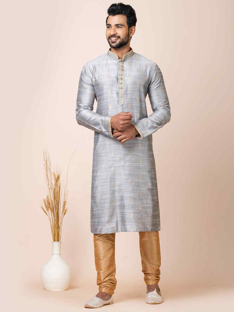 Grey Cotton Jacquard Silk Woven Festival Mehendi Kurta