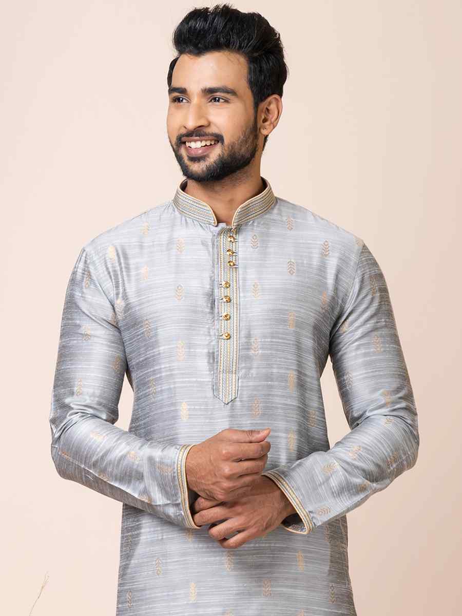 Grey Cotton Jacquard Silk Woven Festival Mehendi Kurta