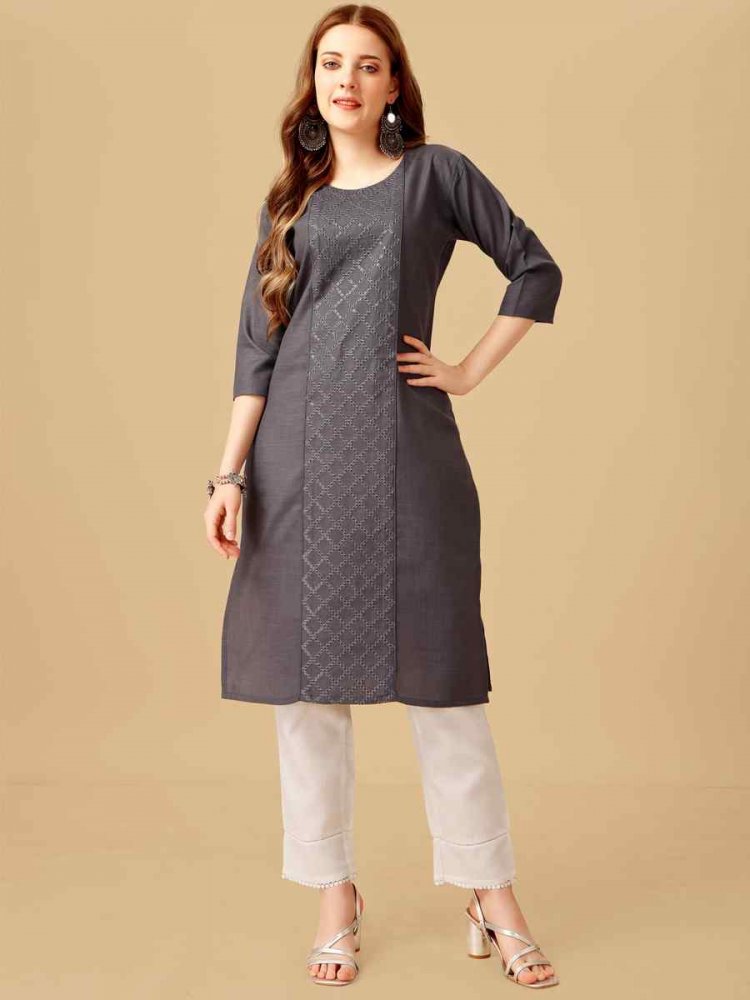 Grey Cotton Magic Slub Embroidered Festival Casual Kurti With Bottom