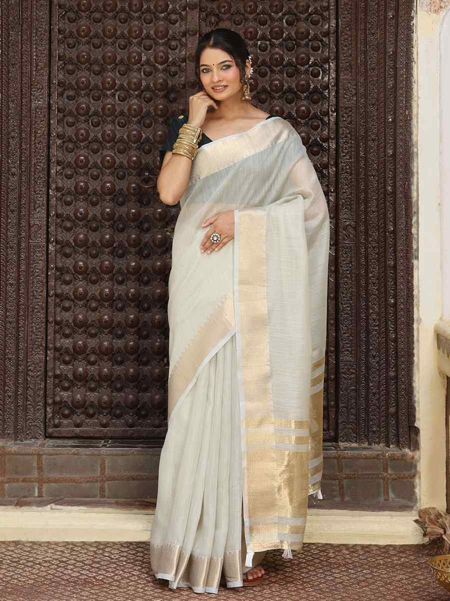 Grey Cotton Plain Zari Work Casual Reception Festival Wedding Fancy Classic Style Sarees