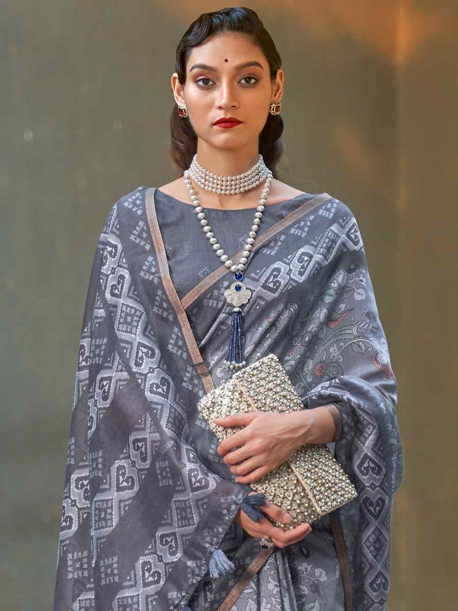 Grey Cotton Printed Casual Festival Contemporary Saree