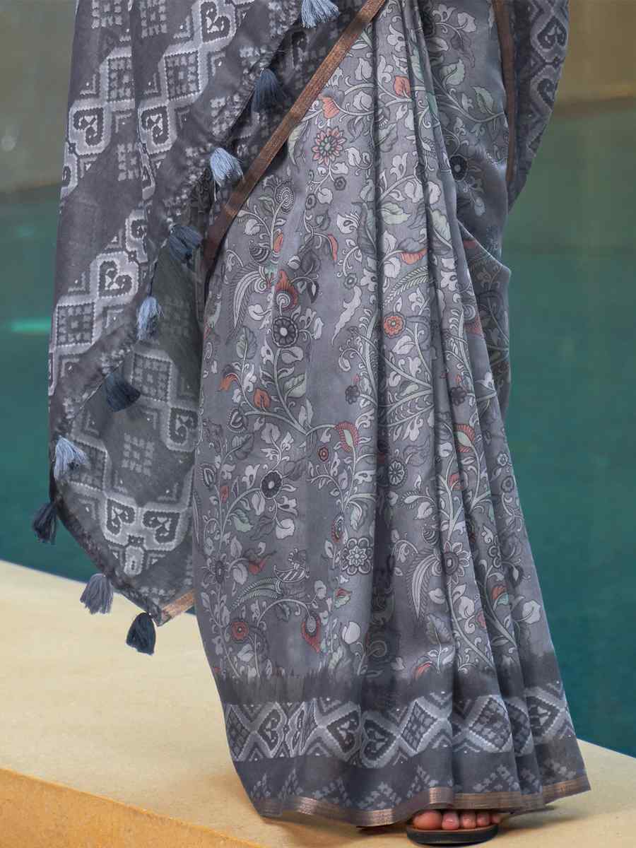 Grey Cotton Printed Casual Festival Contemporary Saree