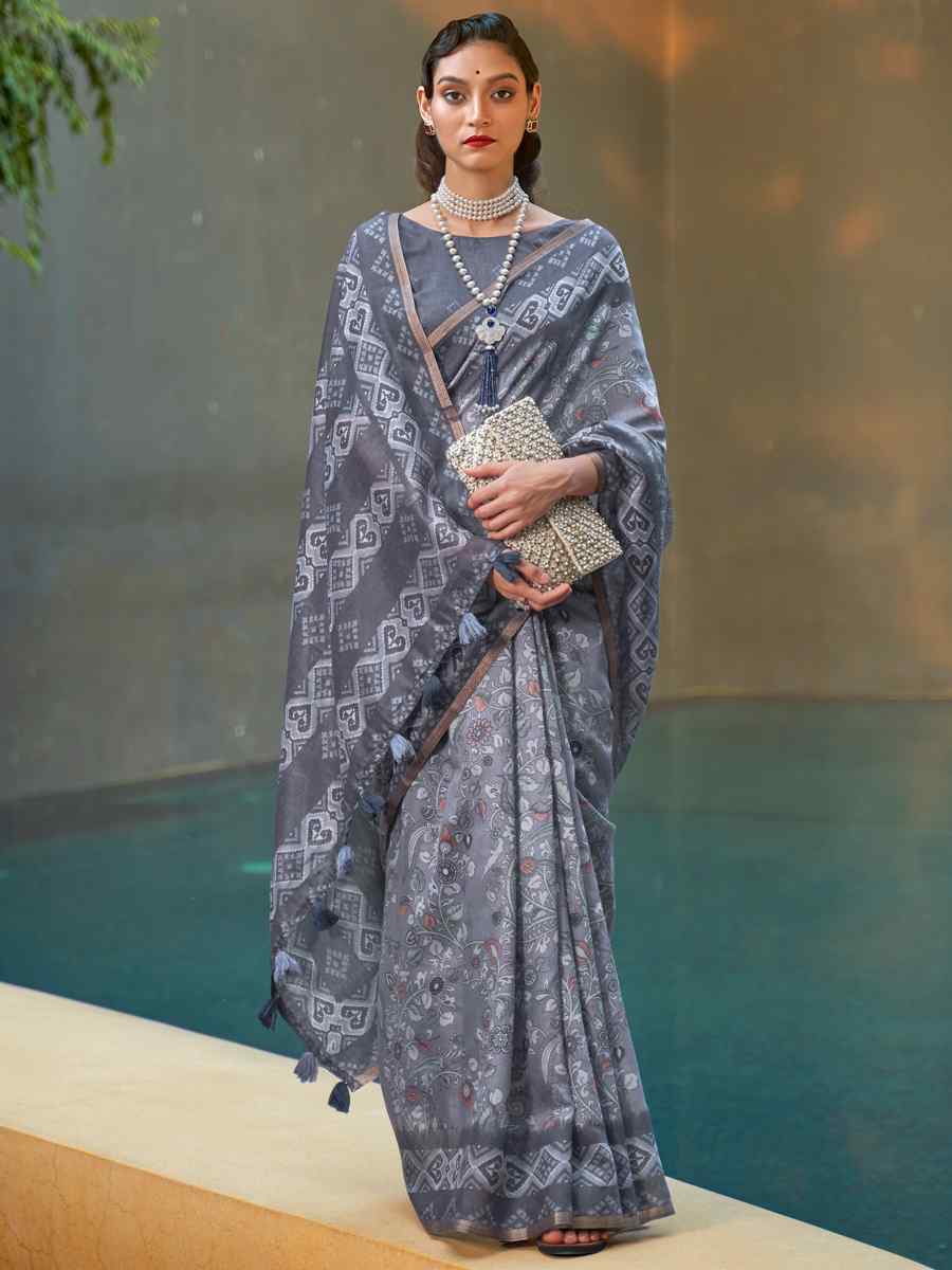 Grey Cotton Printed Casual Festival Contemporary Saree