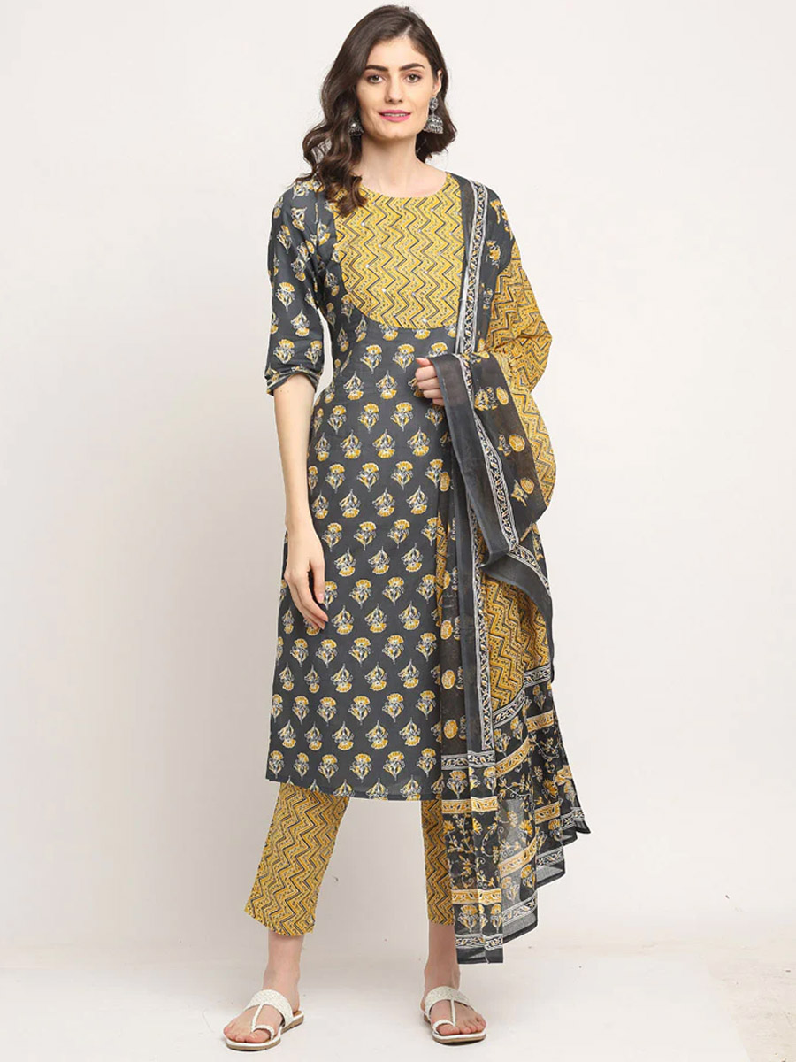 Grey Cotton Printed Casual Festival Ready Pant Salwar Kameez