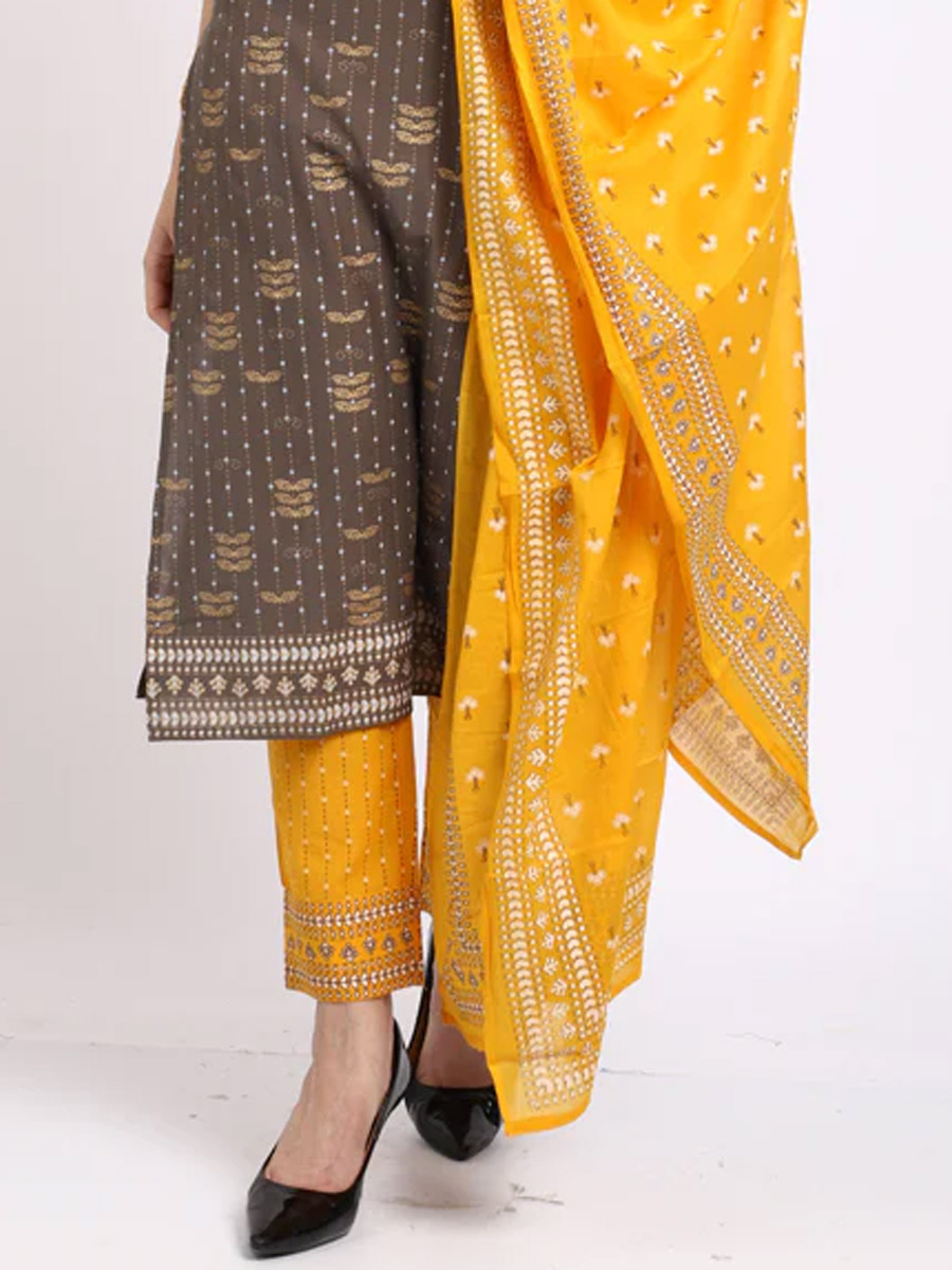 Grey Cotton Printed Casual Festival Ready Pant Salwar Kameez