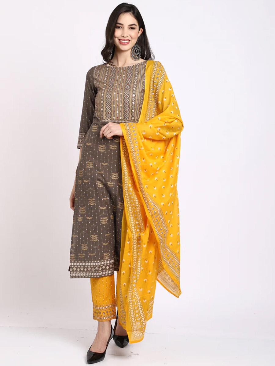 Grey Cotton Printed Casual Festival Ready Pant Salwar Kameez
