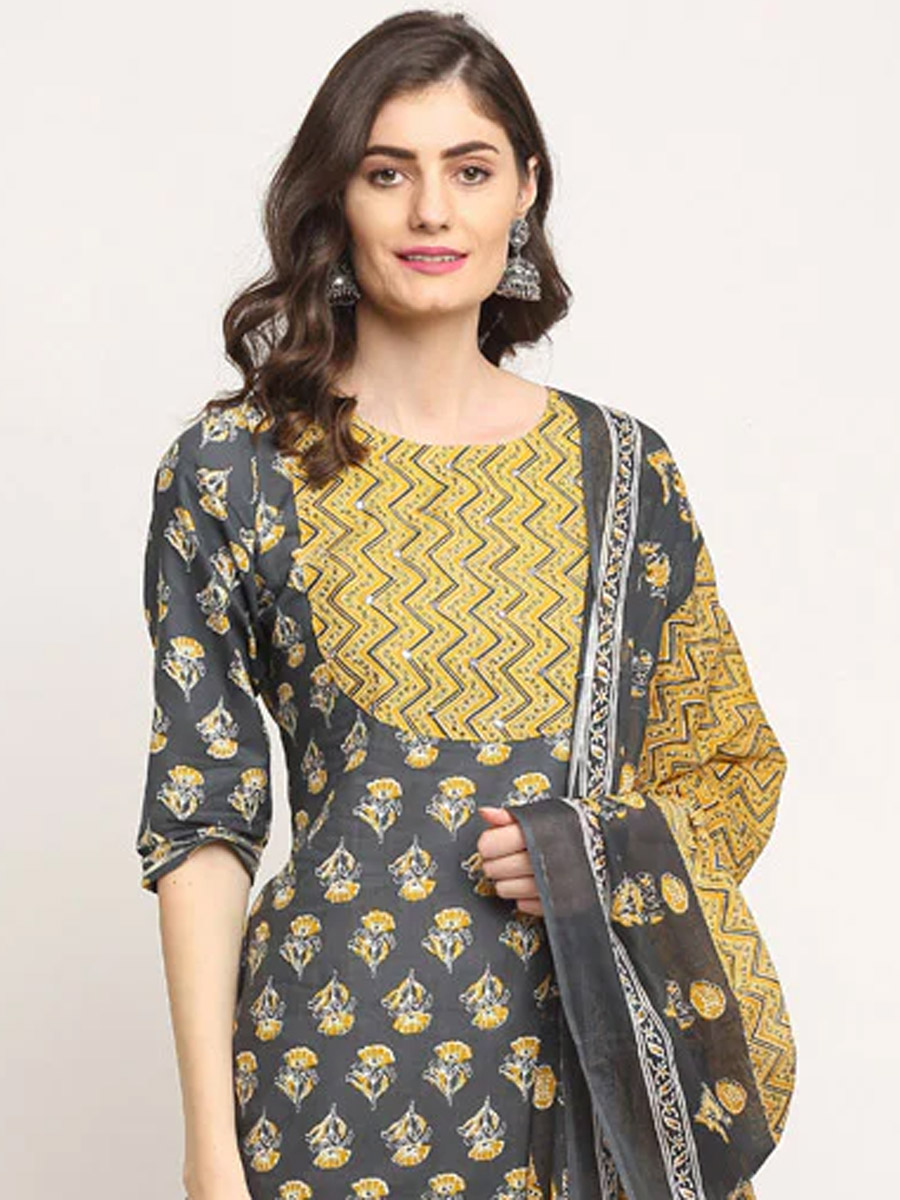 Grey Cotton Printed Casual Festival Ready Pant Salwar Kameez