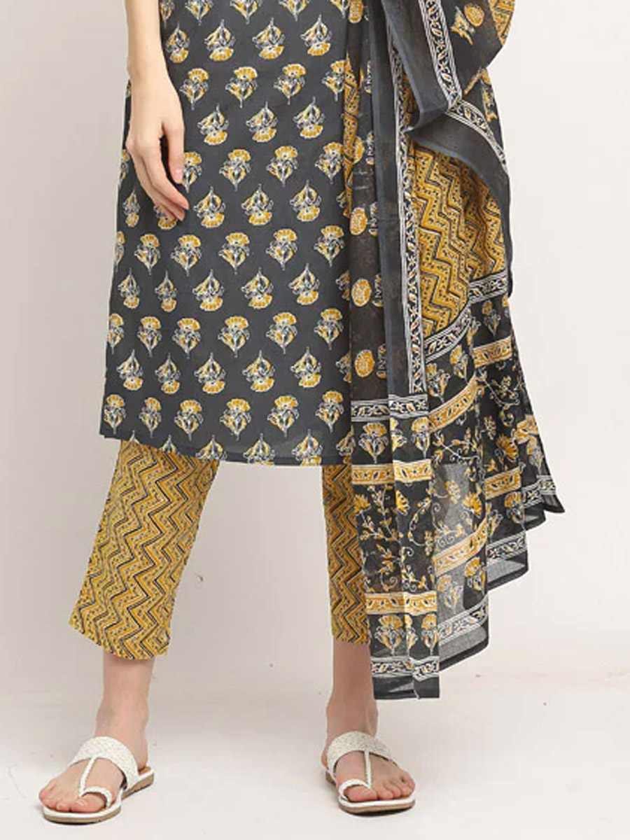 Grey Cotton Printed Casual Festival Ready Pant Salwar Kameez