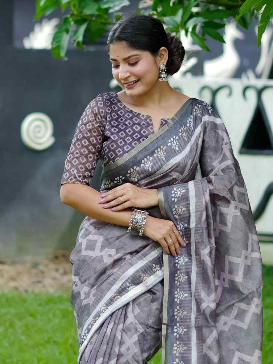 Grey Cotton Printed Casual Reception Festival Wedding Fancy Classic Style Sarees