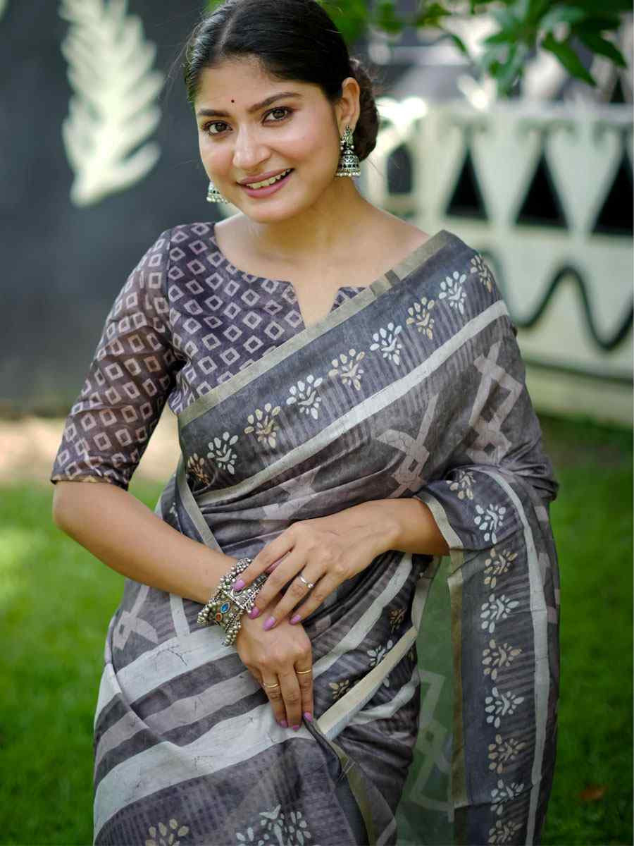 Grey Cotton Printed Casual Reception Festival Wedding Fancy Classic Style Sarees