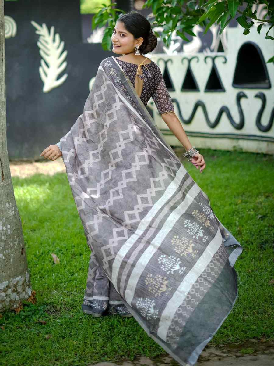 Grey Cotton Printed Casual Reception Festival Wedding Fancy Classic Style Sarees