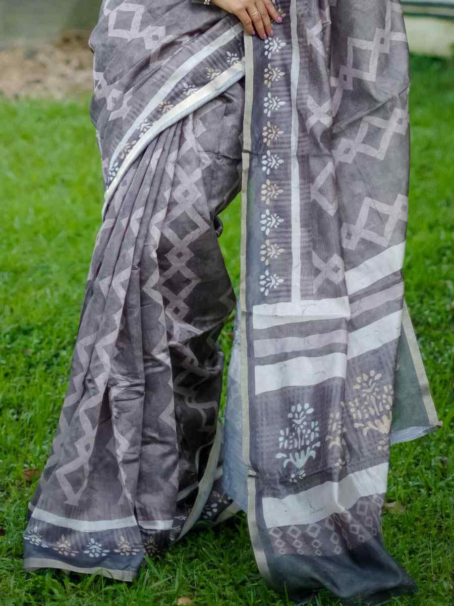 Grey Cotton Printed Casual Reception Festival Wedding Fancy Classic Style Sarees