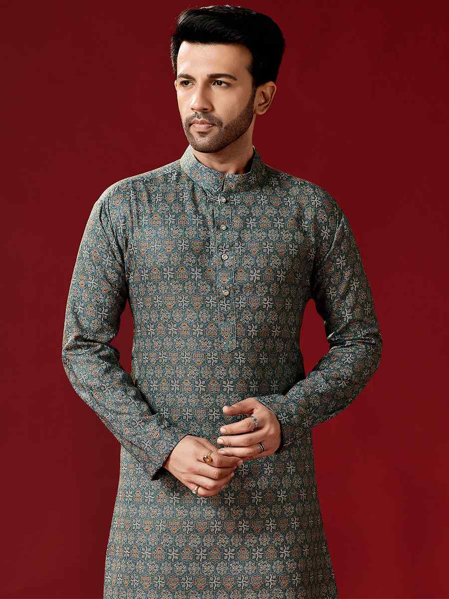 Grey Cotton Printed Festival Kurta