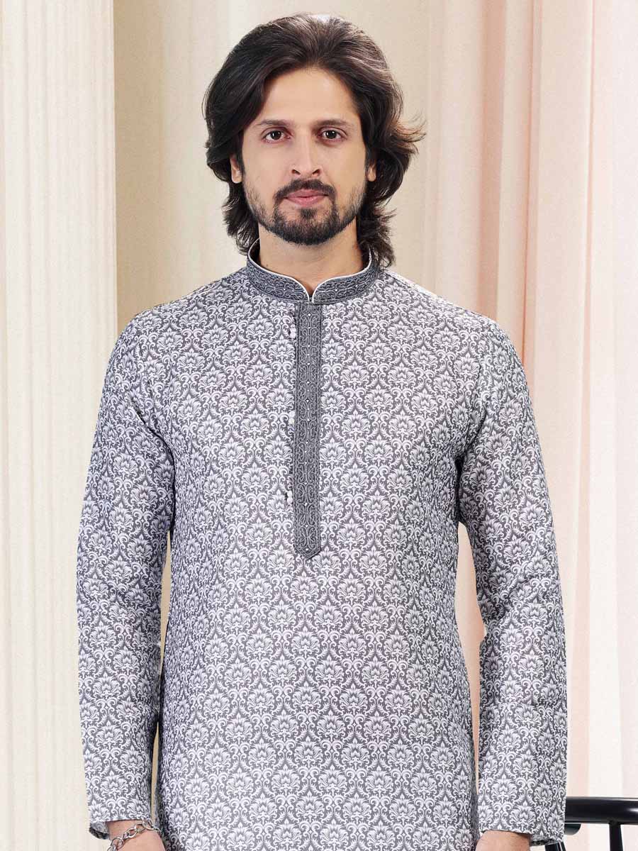 Grey Cotton Printed Festival Mehendi Kurta