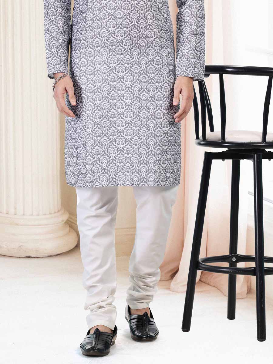 Grey Cotton Printed Festival Mehendi Kurta