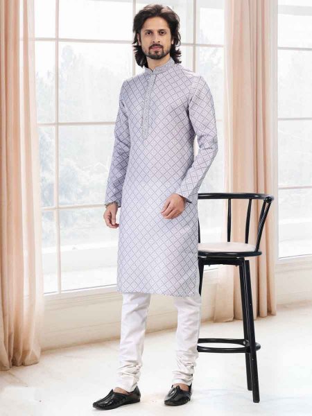 Grey Cotton Printed Festival Mehendi Mens Kurta