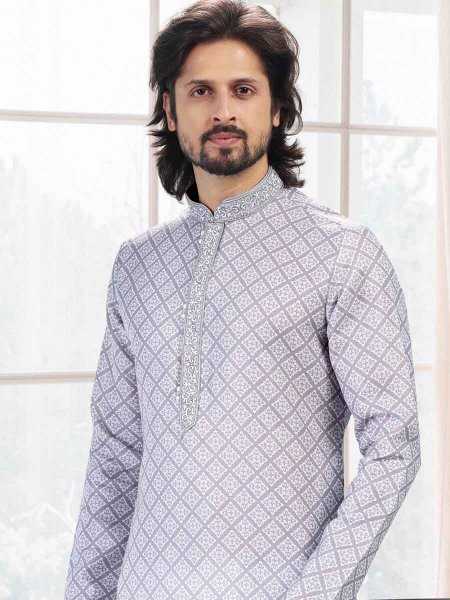 Grey Cotton Printed Festival Mehendi Mens Kurta