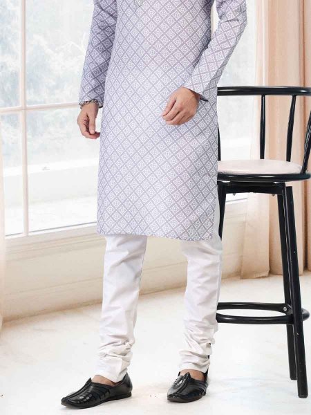 Grey Cotton Printed Festival Mehendi Mens Kurta