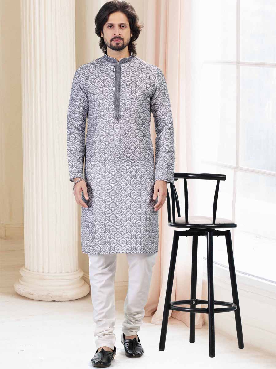 Grey Cotton Printed Festival Mehendi Kurta
