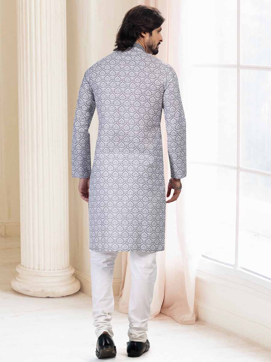 Grey Cotton Printed Festival Mehendi Kurta