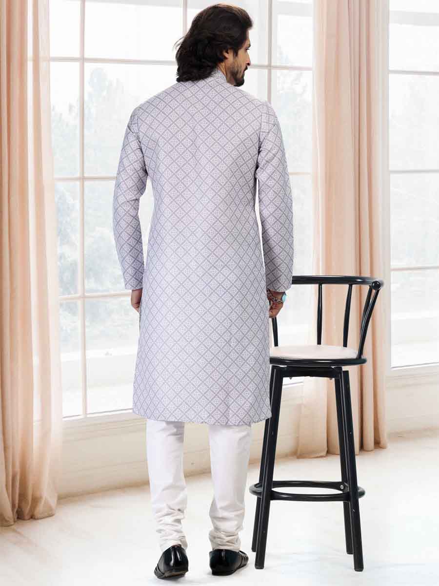 Grey Cotton Printed Festival Mehendi Kurta