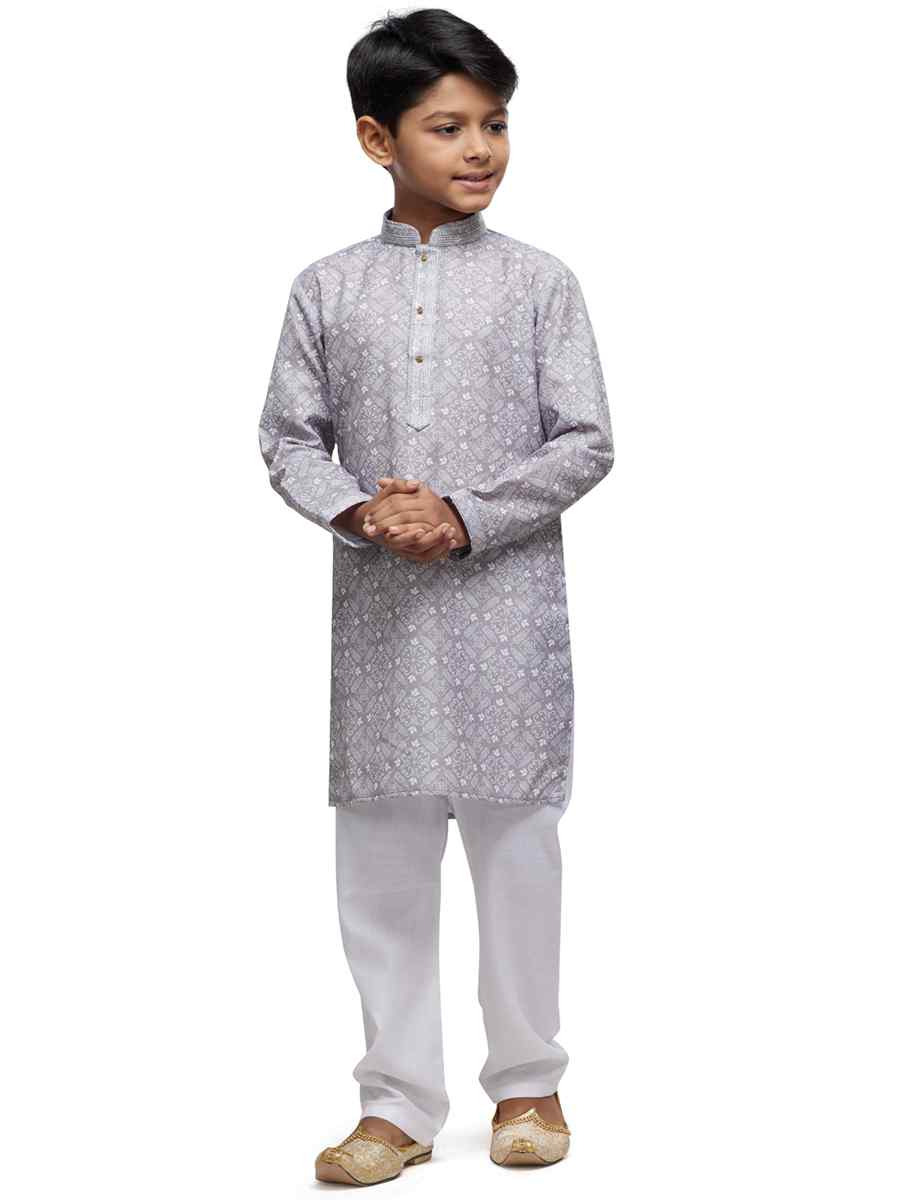 Grey Cotton Printed Festival Party Kurta