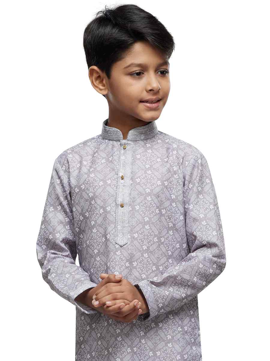 Grey Cotton Printed Festival Party Kurta