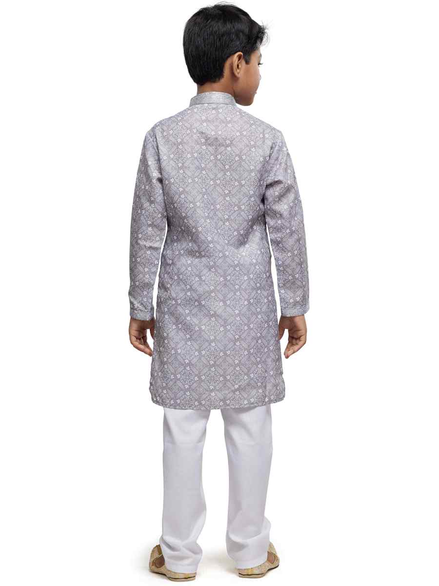 Grey Cotton Printed Festival Party Kurta