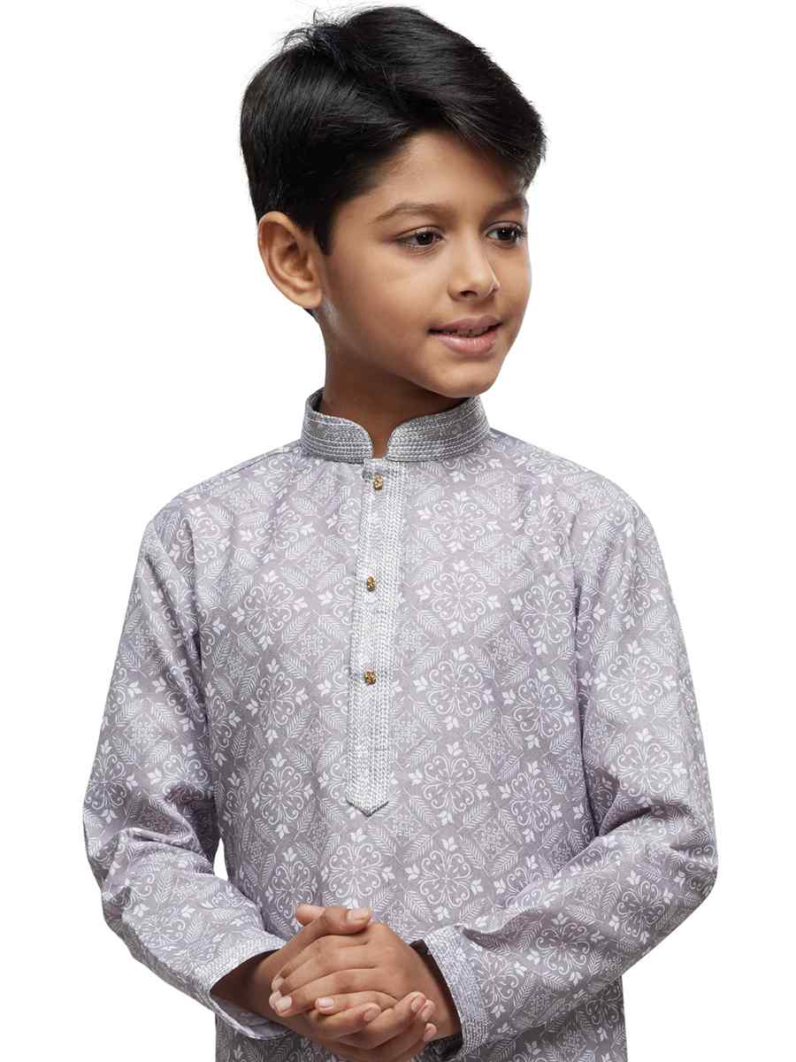 Grey Cotton Printed Festival Party Kurta