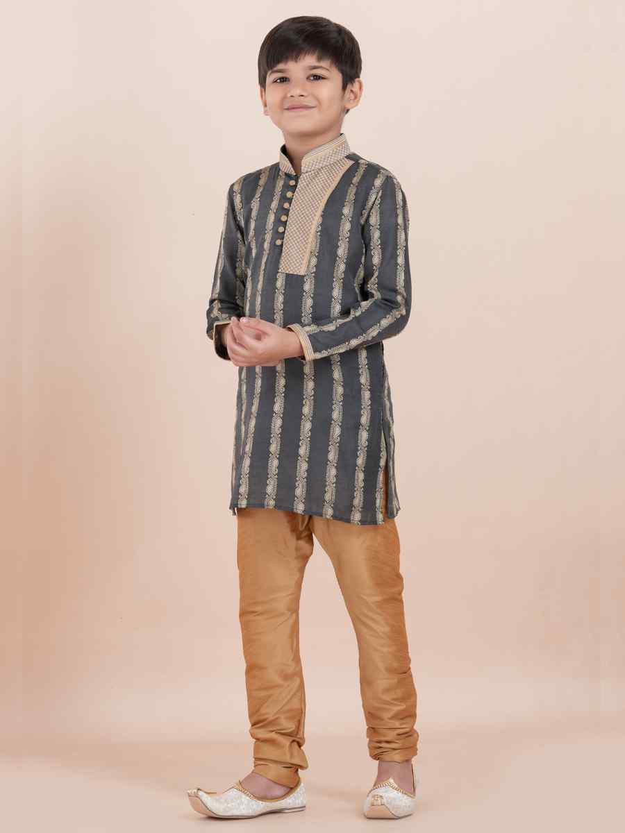 Grey Cotton Self Jacquard Embroidered Festival Traditional Kurta Pyjama Boys Wear