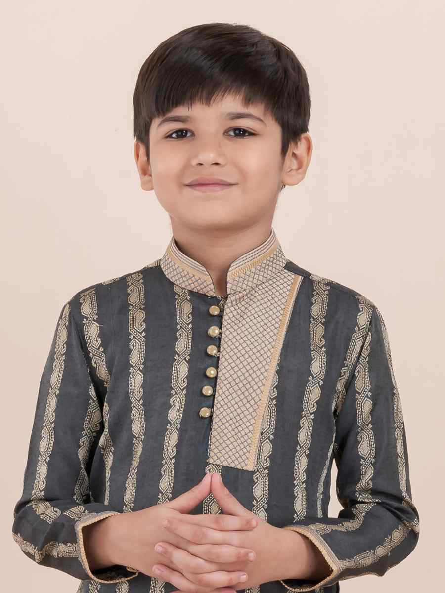 Grey Cotton Self Jacquard Embroidered Festival Traditional Kurta Pyjama Boys Wear