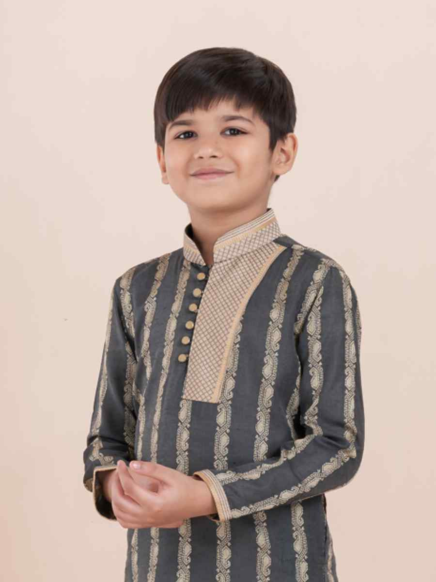 Grey Cotton Self Jacquard Embroidered Festival Traditional Kurta Pyjama Boys Wear