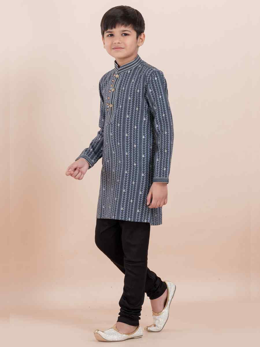 Grey Cotton Self Jacquard Embroidered Festival Traditional Kurta Pyjama Boys Wear
