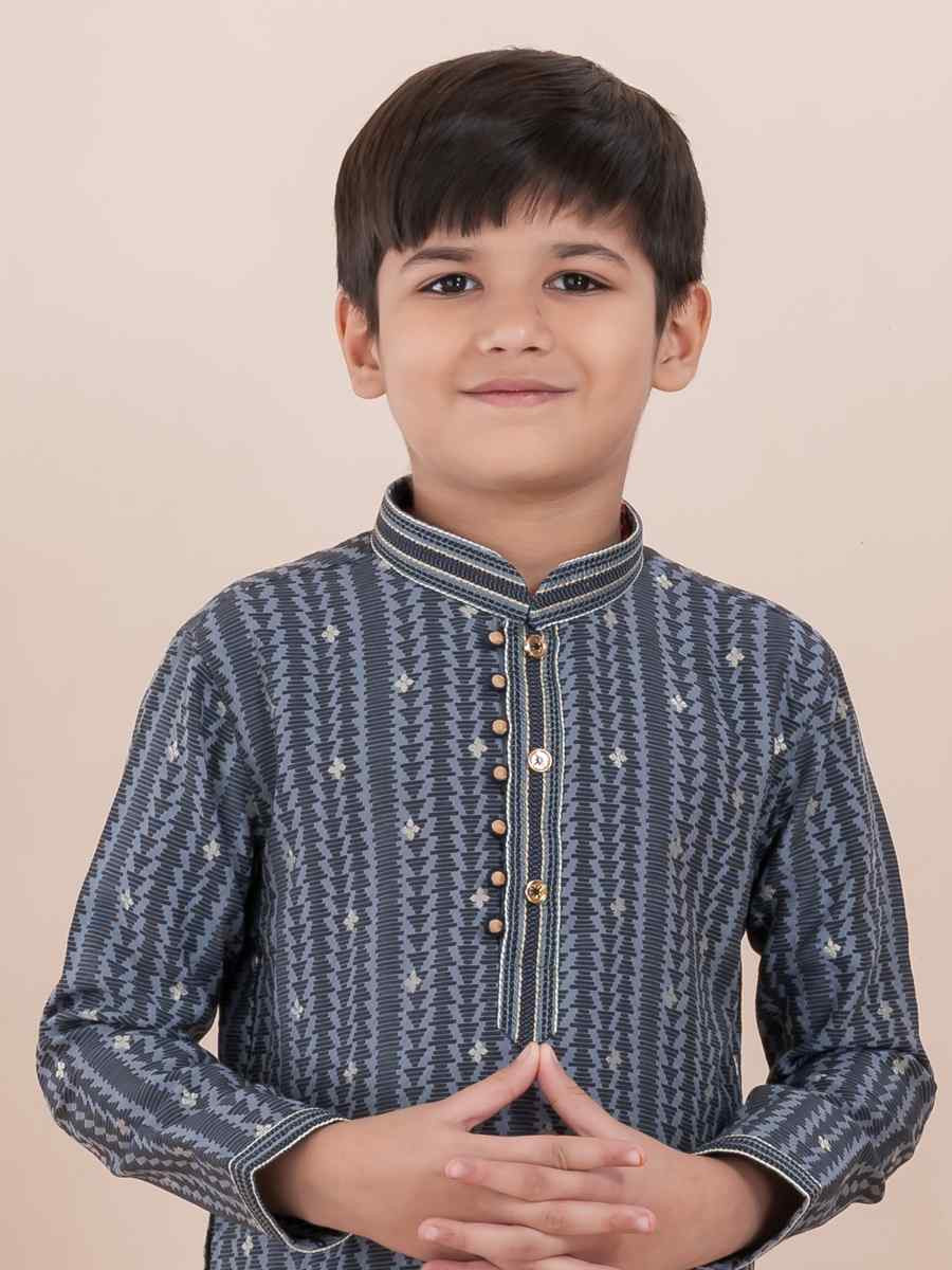 Grey Cotton Self Jacquard Embroidered Festival Traditional Kurta Pyjama Boys Wear
