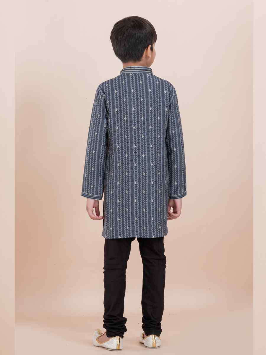 Grey Cotton Self Jacquard Embroidered Festival Traditional Kurta Pyjama Boys Wear