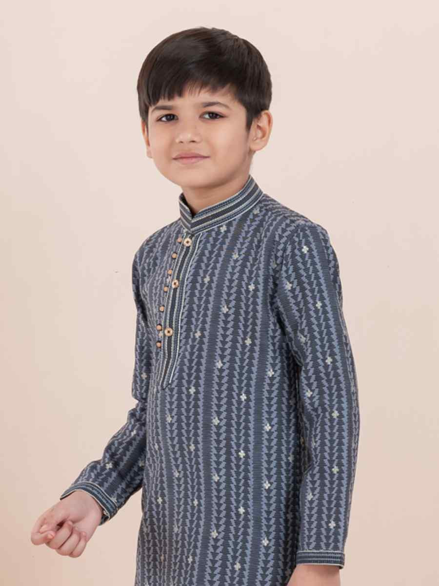 Grey Cotton Self Jacquard Embroidered Festival Traditional Kurta Pyjama Boys Wear